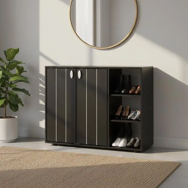 Schuhschrank mit Türen, 3-stufiges Schuhregal mit verstellbaren offenen Regalen, Aufbewahrungsorganisator, 80 x 31 x 64,5 cm, Schwarz