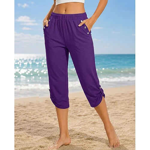 Damen Caprihose Vintage Lässig / Sportlich Wadenlang Mittlere Taille Einfach Komfort normale Elastizität Urlaub Blau Weinrot Violett Khaki Sommer Frühling Image