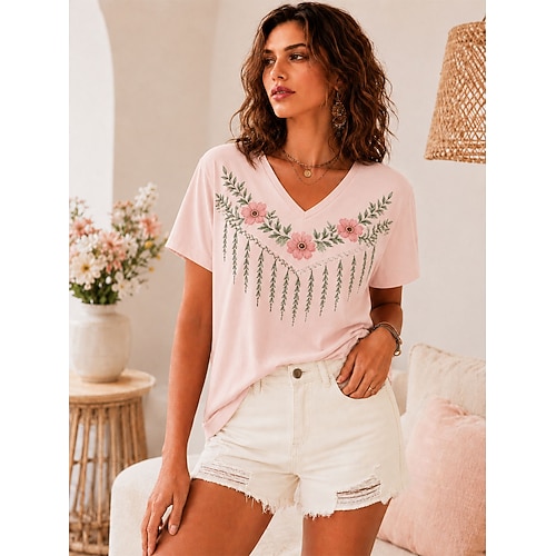 Damen T Shirt Druck Blumen Grafik Pflanzen Mode Stilvoll Klassisch Kurzarm V Ausschnitt Normale Oberteile Lässig Täglich Sport Weiß Rosa Grün Sommer Frühling Image