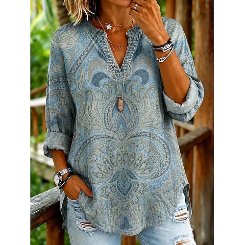 Damen Bluse Druck Grafik Paisley-Muster Vintage Täglich Stilvoll Langarm V Ausschnitt Normale Oberteile Lässig Täglich Blau Rosa Sommer Frühling Image