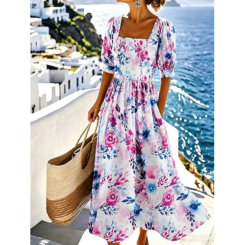 Damen Maxikleid A Linie Kleid Urlaub Lässig Boho Strand Ferien Normale Passform Blumen Grafik Kurzarm Rundhalsausschnitt Blau Grün Sommer Frühling Image