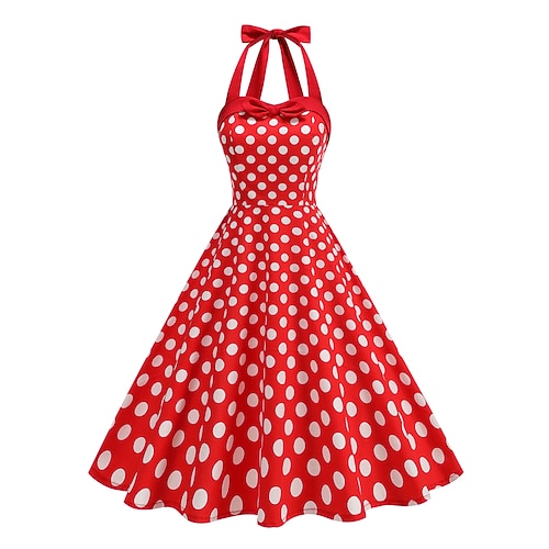 1950er Retro Vintage Rockabilly Midlänge Tee-Länge Kleid Ärmellos Halter Tupfen Tailliert und ausgestellt Neckholder Kostüm Damen Halloween Karneval Musikfestival Teegesellschaft Erwachsene Kleid Image