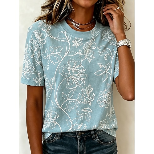 Damen T Shirt Druck Blumen Grafik Vintage Stilvoll Lässig Kurzarm Rundhalsausschnitt Normale Oberteile Lässig Täglich Wochenende Blau Rosa Purpur Sommer Frühling Image