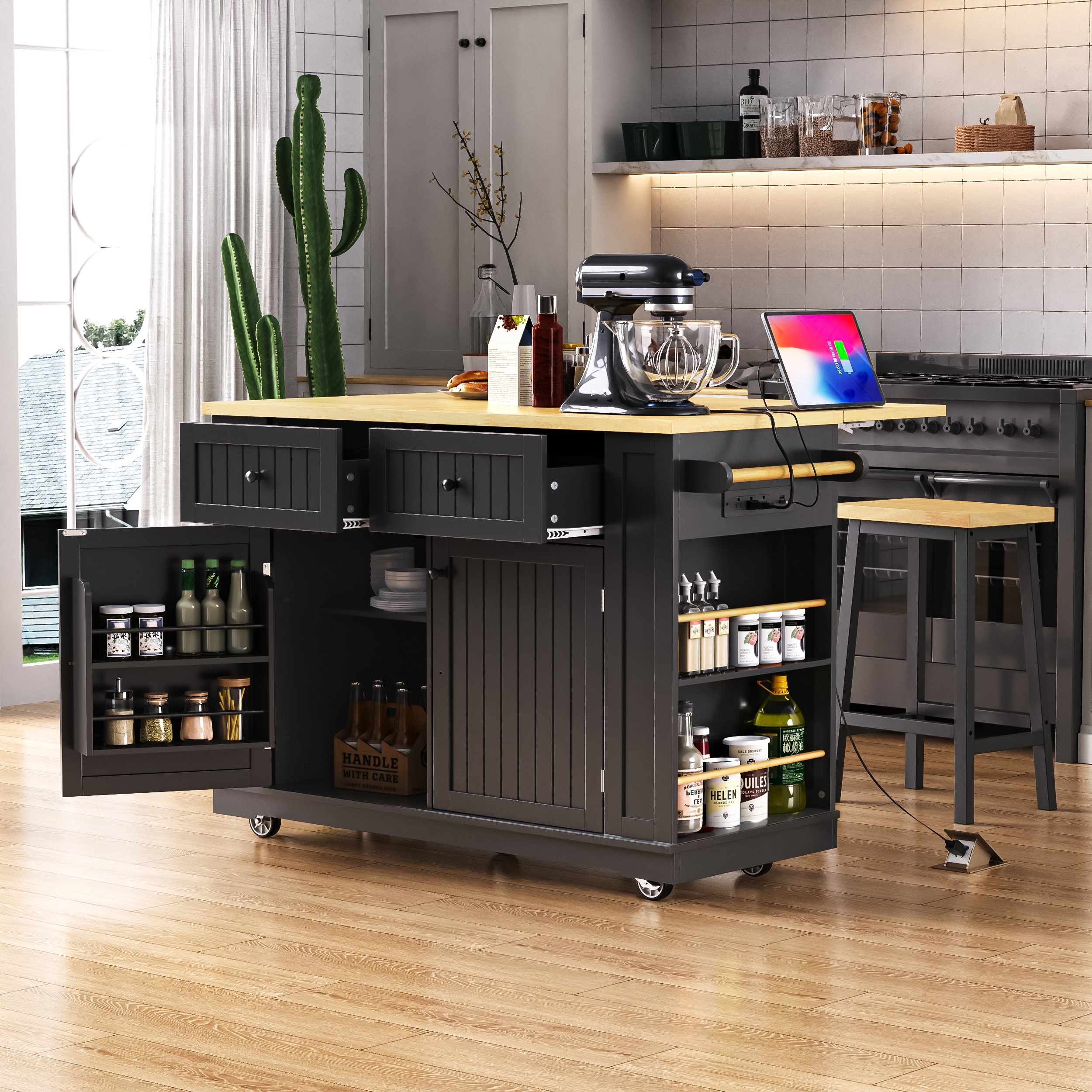 48" Kitchen Island with Drop Leaf and Power Outlet, Rolling Kitchen Storage Cart with 5 Wheels and 5 Open Side Racks for Kitchen