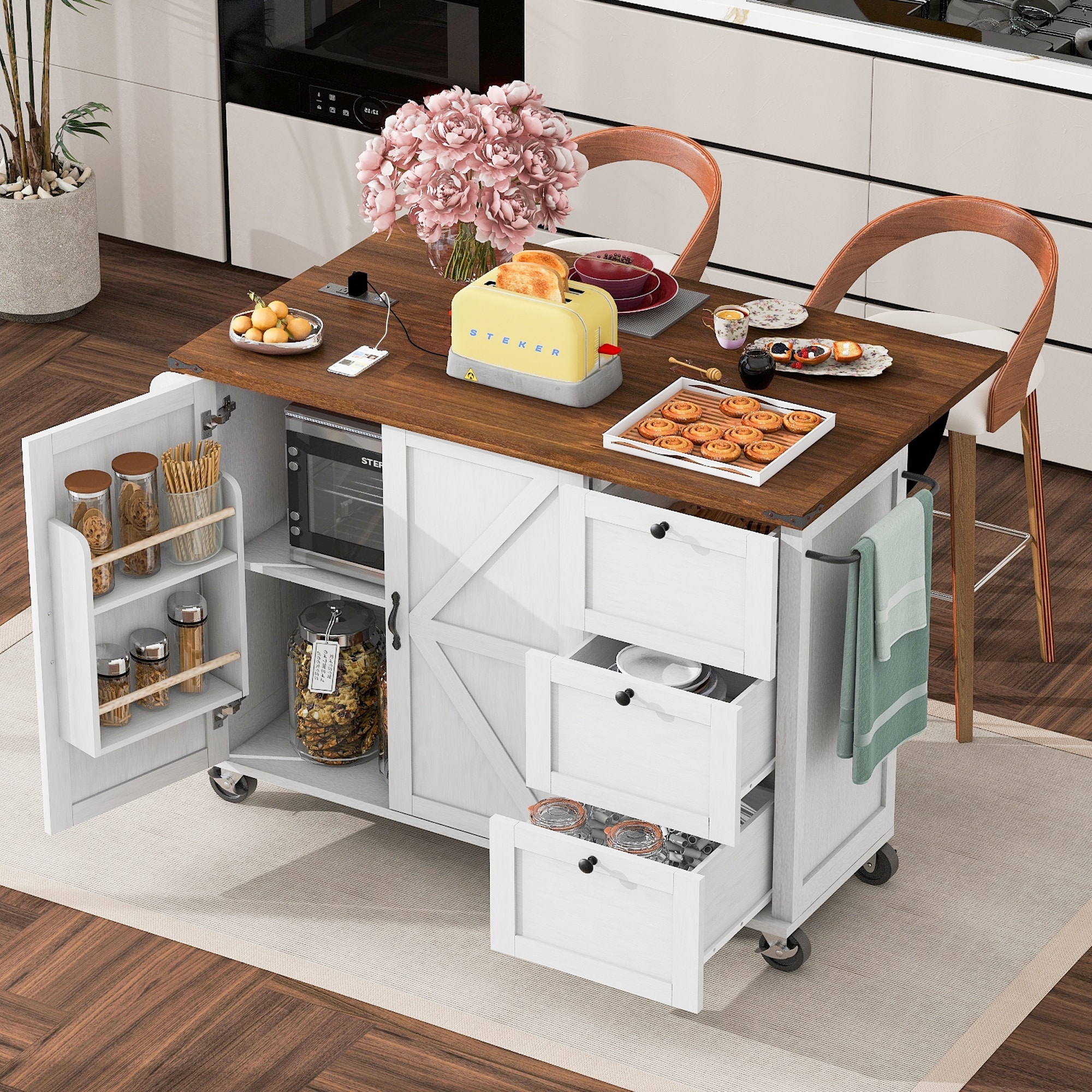 54.5" Farmhouse Kitchen Island with Power Outlet,Internal Storage Rack,Drop Leaf,Spice Rack,Rolling Kitchen Cart on Wheels