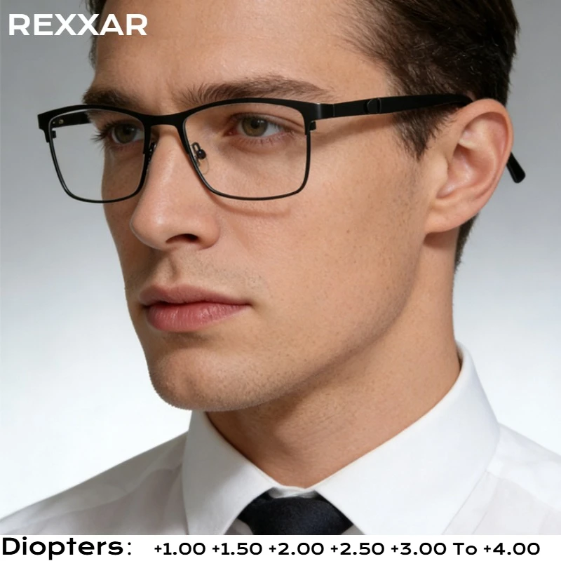 Neue Trend-Lesebrillen für Damen und Herren, Hochwertige Metall-Halbrahmen Geschäfts- und Bürobrillen mit Sehstärke +1,00 +1,50 +2,0 +2,5 Image