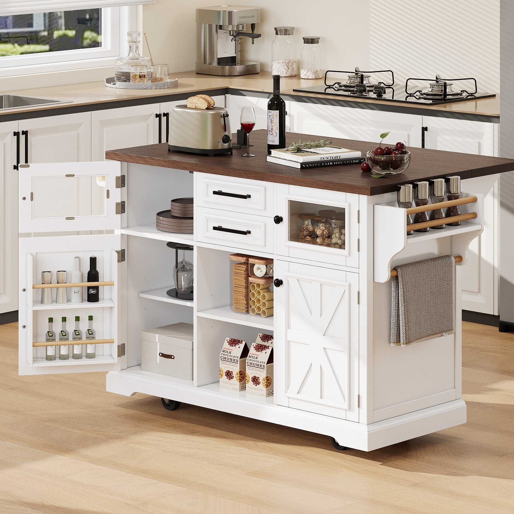 54.9" Kitchen Island with Drop Leaf and Power Outlet, Kitchen Storage Cart with 4 Shelves, Rolling Kitchen Island on 4 Wheels