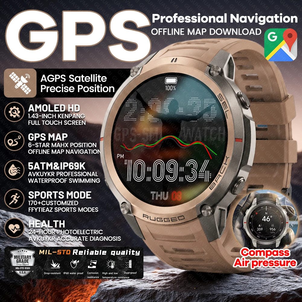 Neue Original Smartwatch mit integriertem GPS, Outdoor-Kompass, Höhenmesser, 5ATM wasserdicht, AMOLED HD, Bluetooth-Anruffunktion, Herren-Sport-Smartwatch Image