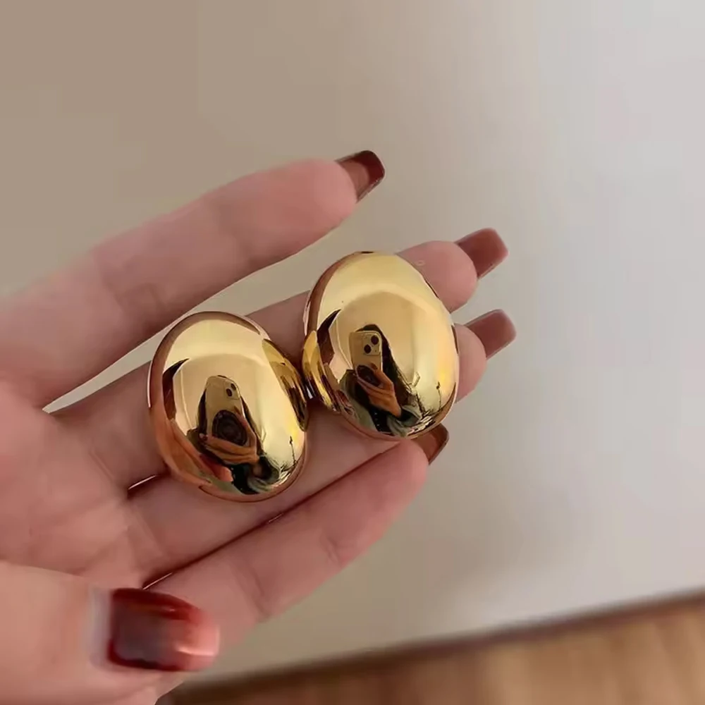 Edelstahl-Ohrringe im modischen Metall-Look, glatt, große ovale Ohrstecker für Damen, übertriebene, dicke, geometrische Kugel-Ohrhänger, Schmuckgeschenk Image