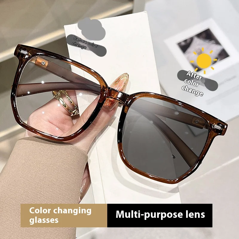 0~+4.0 Photochromatische Lesebrille mit Blaulichtfilter, Holzbügel, quadratischer Rahmen, verschreibungspflichtige Brillengestelle, farbwechselnd Image