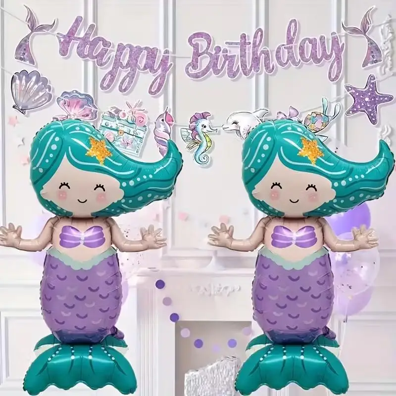 46-Zoll-Stehende Meerjungfrauen-Ballons für Kinder, Mädchen, kleine Meerjungfrauen-Geburtstagsfeier-Dekoration, Ozean-Unterwasser-Party-Zubehör Image