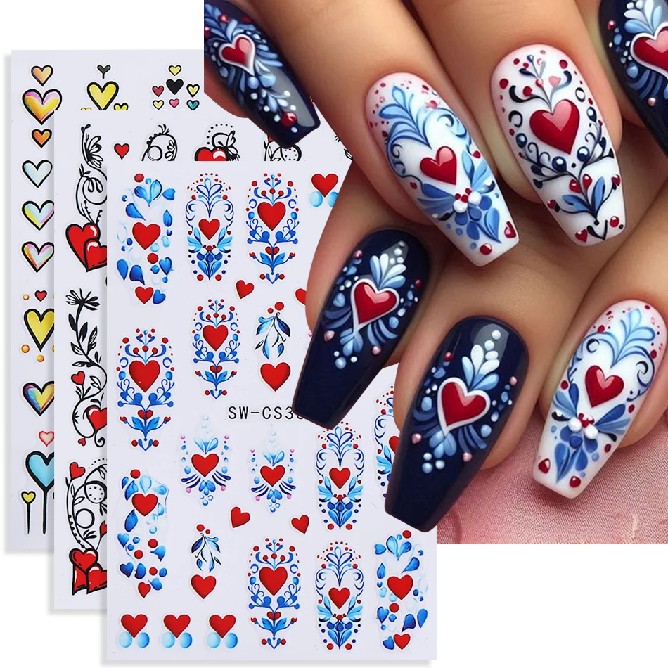 3 stücke Böhmischen Herz Nail art Aufkleber Valentinstag Rot Liebe Herz Blütenblätter Einfache Linie Nagel Aufkleber DIY Maniküre Dekoration sliders Image