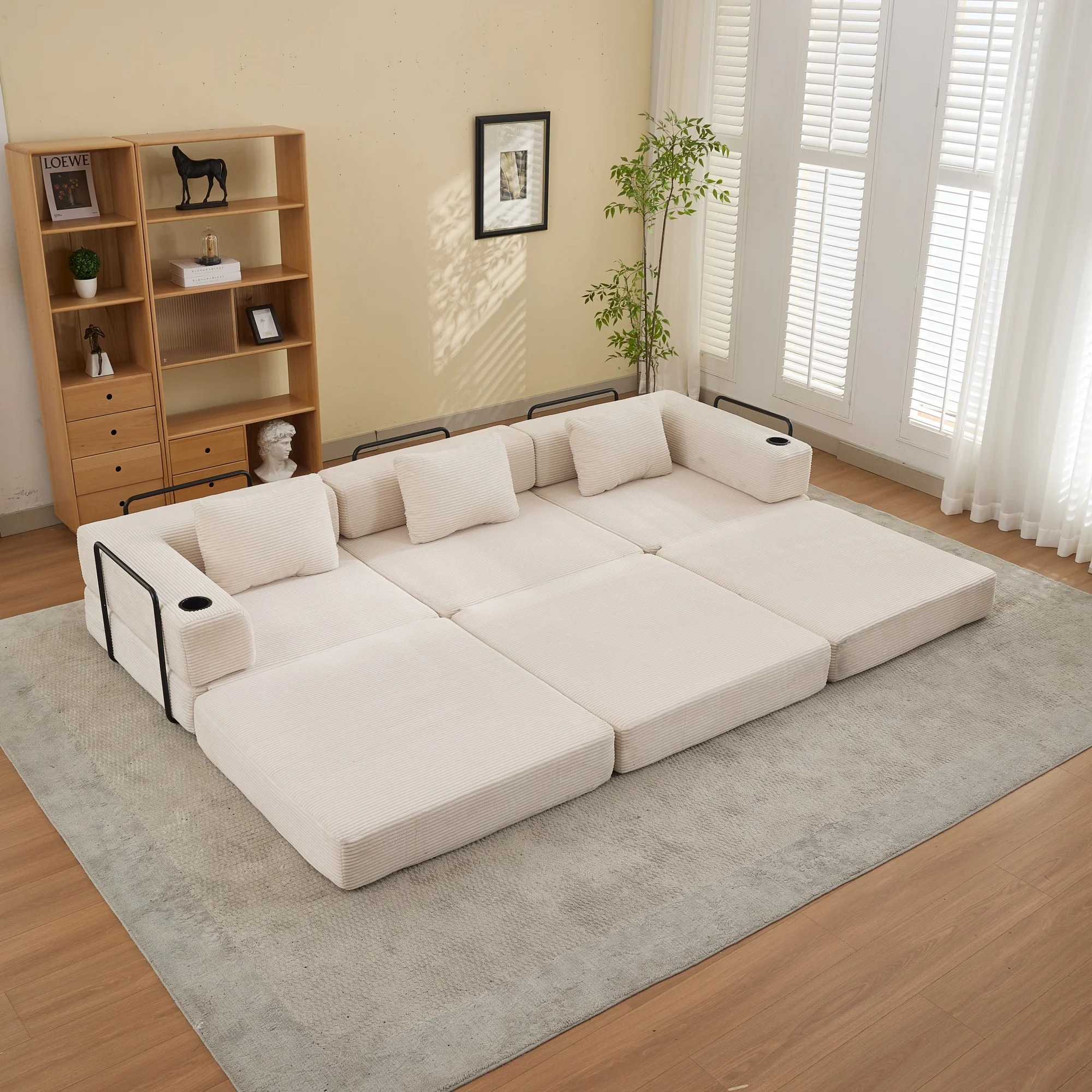 Modulares, umwandelbares Cord-Schlafsofa, 3-Sitzer-Sofa mit freier Kombinationsmöglichkeit, Getränkehalter und abnehmbarer Eisenarmlehne, kein Zusammenbau erforderlich, Sofa für Wohnzimmer,