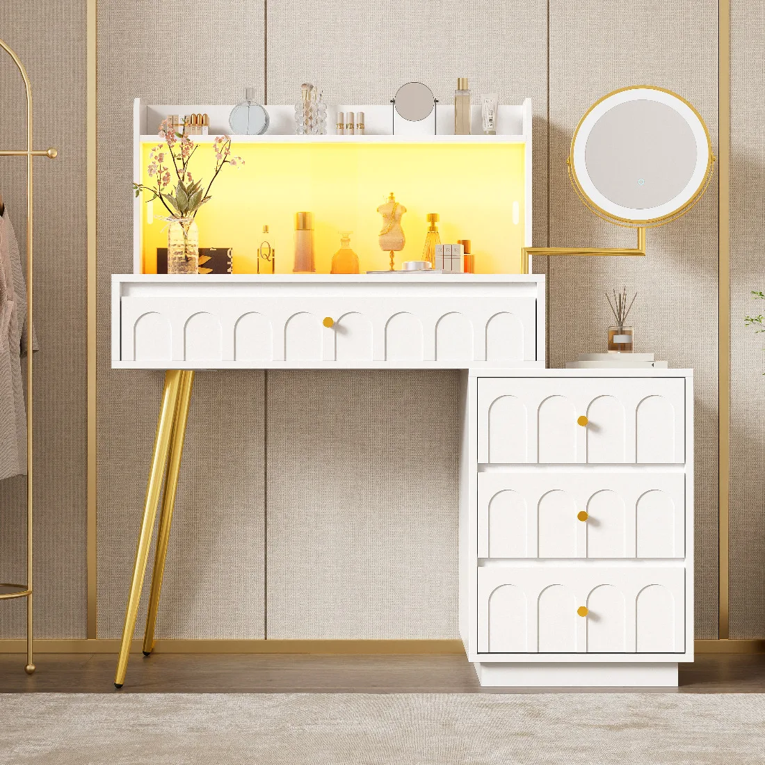Weißer Schminktisch 112x40x116cm mit drehbarem LED-Spiegel und Glasschiebetüren – Schminktisch-Set mit 4 geräumigen Schubladen – platzsparend für Schlafzimmer oder Ankleidebereich – robust, einfache
