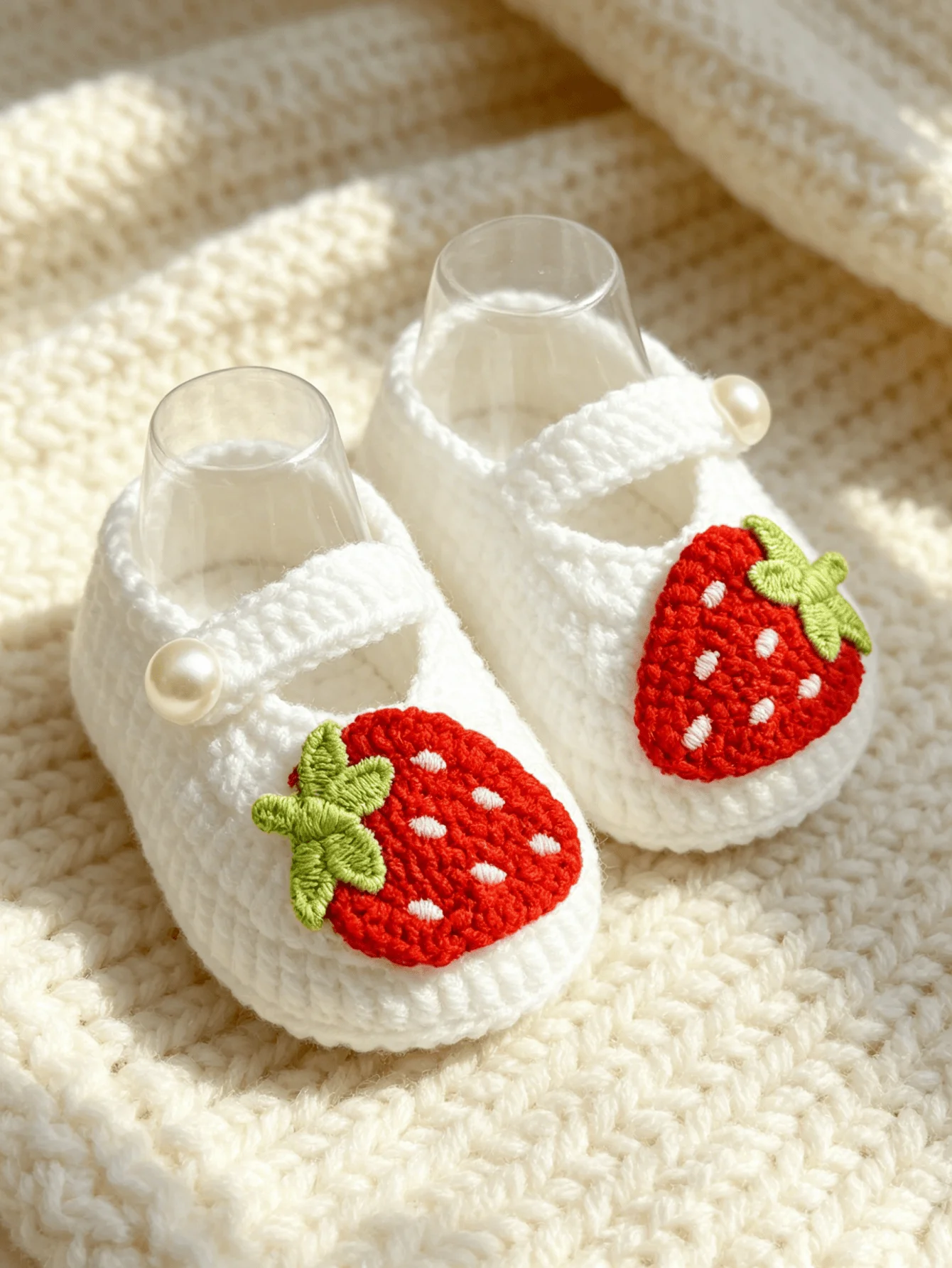 1 Paar gehäkelte Mary-Jane-Schuhe für Babys, weiß, Erdbeer-Stickerei mit Perlenknopfriemen, Babyschuhe