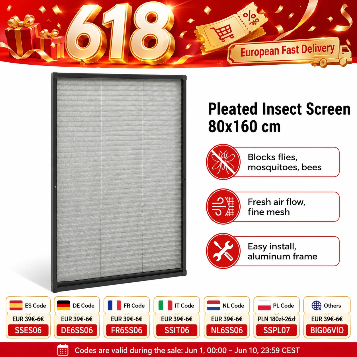 Plissierter Insektenschutz für Fenster, 80x160 cm, Aluminiumrahmen, Anthrazit, Fliegen-Mücken-Bienen-Barriere, Frischer Luftstrom, Einfache Installation