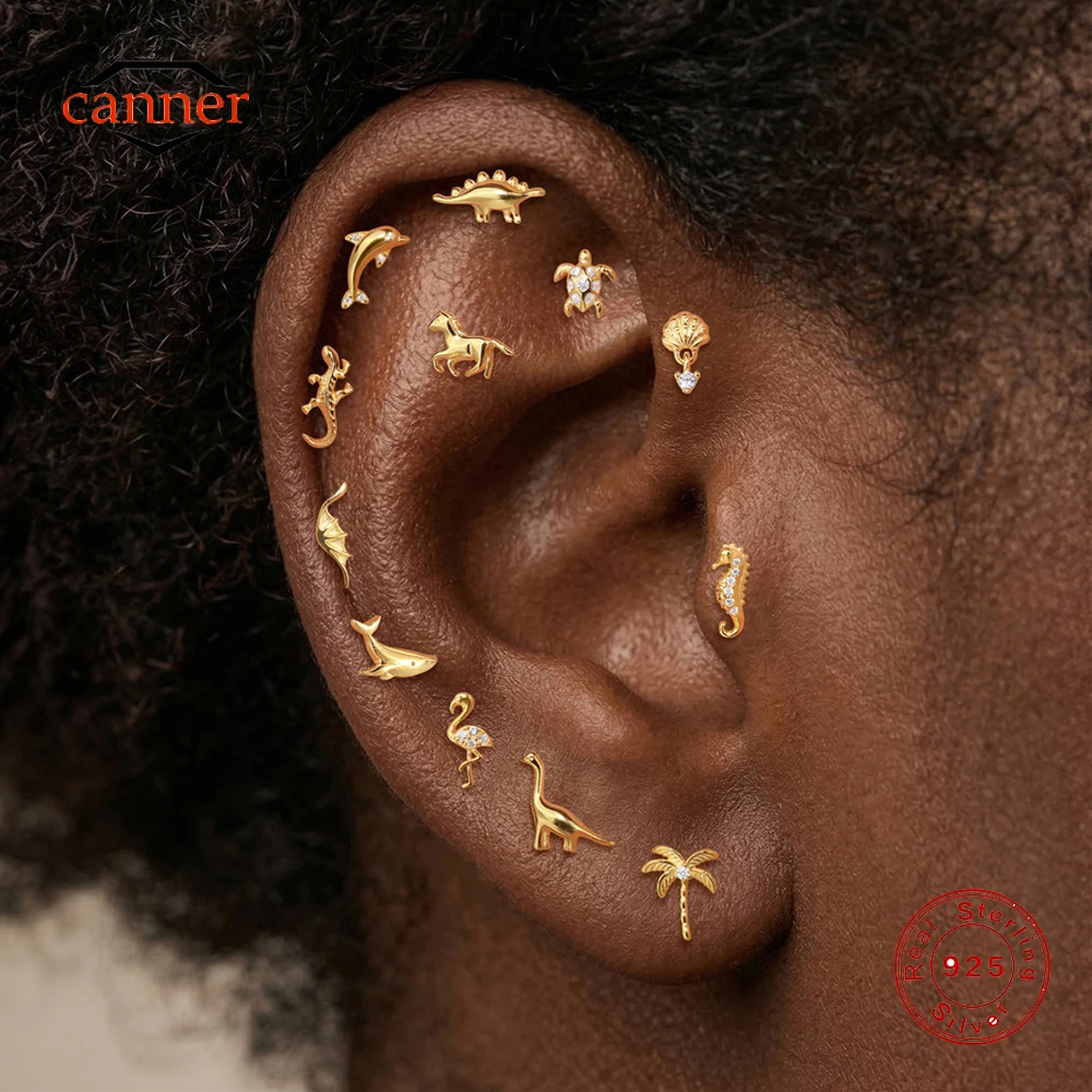 CANNER 1 Stück 925 Sterling Silber Pferde/Schildkröten/Seepferdchen/Wale/Dinosaurier/Geckos Tier-Design Flachkopf-Ohrstecker Geschenk Image