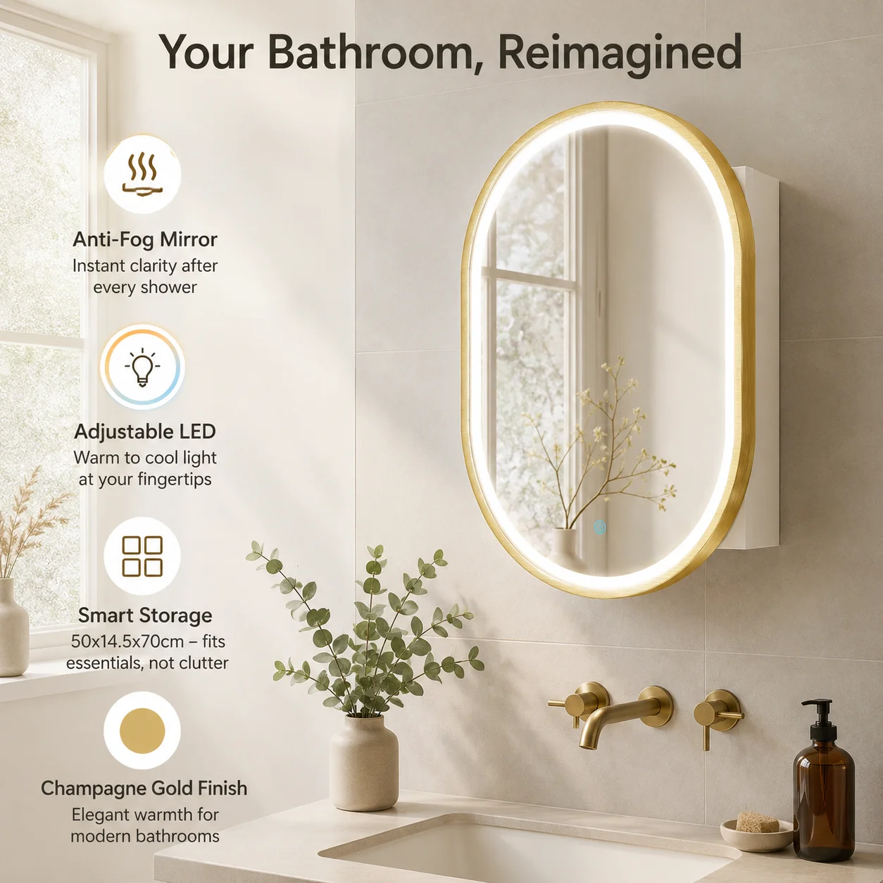 LED-beleuchteter Badezimmer-Wandschrank mit Spiegel, beschlagfreier ovaler Tür, 50x14,5x70cm, Gold Image