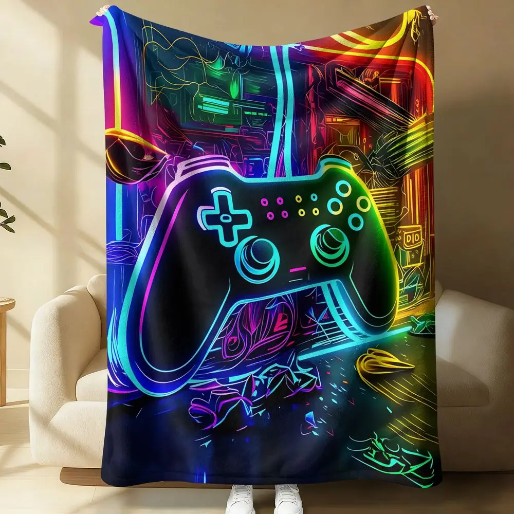 Cyberpunk Neon Gaming Controller Flanell-Fleece-Decke, Digital Portal Gamer Überwurf, Elektrisch Blau Matt-Schwarz Bedruckte Decke für Image