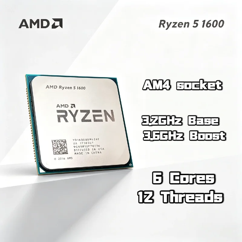 AMD Ryzen 5 1600 R5 1600 6-Kern 12-Thread CPU 3,2-3,6GHz 14nm AM4-Sockel 16MB L3 65W Zen1 Desktop-Gaming-Prozessor 4K-Ready Ohne Kühler Image