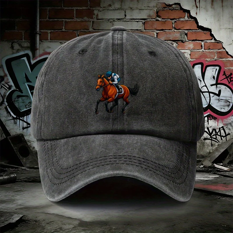 1 Stück, verstellbare Denim-Baseballkappe mit „Horse Racing Jockey“-Design, leichte bedruckte Damenmütze, „Horse Racing“ Herrenmütze Image