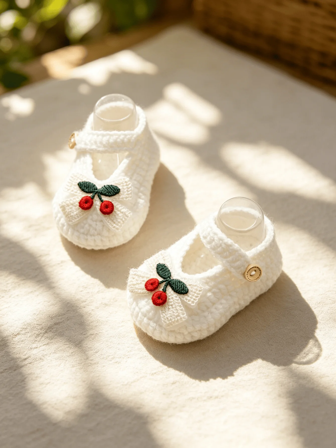 1 Paar gehäkelte Mary-Jane-Schuhe für Babys, weiß, mit Kirschstickerei und Schleife mit Knopfverschluss, Babyschuhe Image