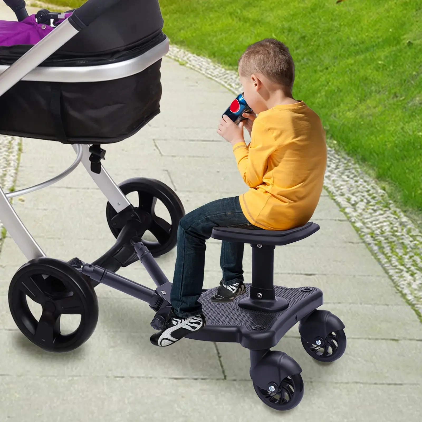 2-in-1 Universal-Kinderwagenbrett Steh-Buggy-Board mit abnehmbarem Sitz Kinderwagen-Pedaladapter Kinderfahrbrett Traglast 25kg Image