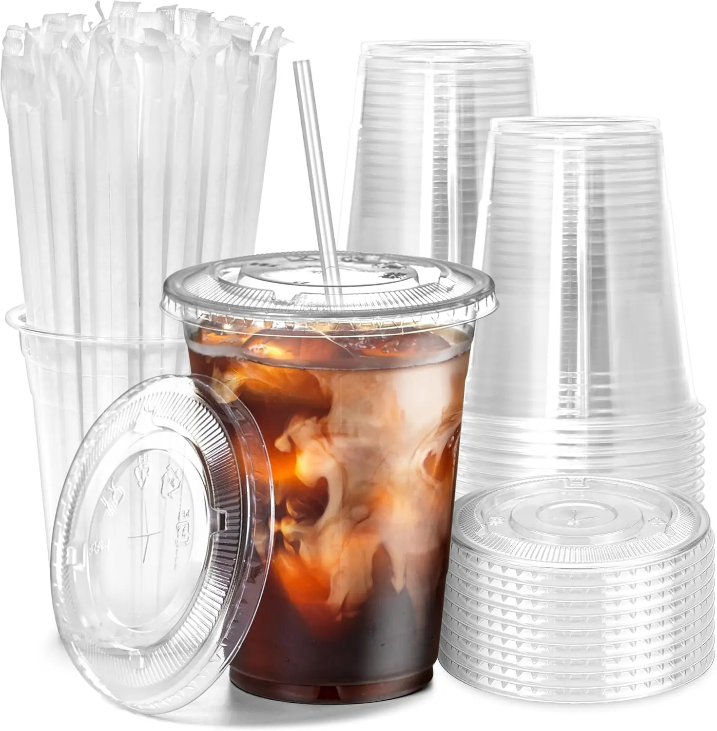 100er-Pack 12/16/20/24OZ Klare Plastikbecher mit Flachdeckeln und Strohhalmen BPA-frei für Eiskaffee, Party-Smoothies, Kaltgetränke Image
