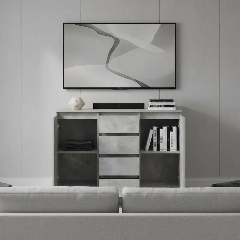 Schrank mit schwarzem Eichenholz-Finish aus Engineered Wood, mit 2 Türen, 4 Schubladen und 2 Regalen. Feuchtigkeitsbeständig, viel Stauraum und gute Tragfähigkeit. Leicht zu reinigen, inklusive Image