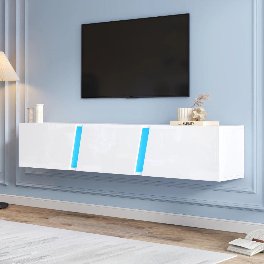 Meuble TV mural Ye 180 x 35 x 30 cm, meuble TV bas avec éclairage LED, meuble TV avec 3 portes, adapté aux téléviseurs de 75 pouces, meuble TV brillant, blanc