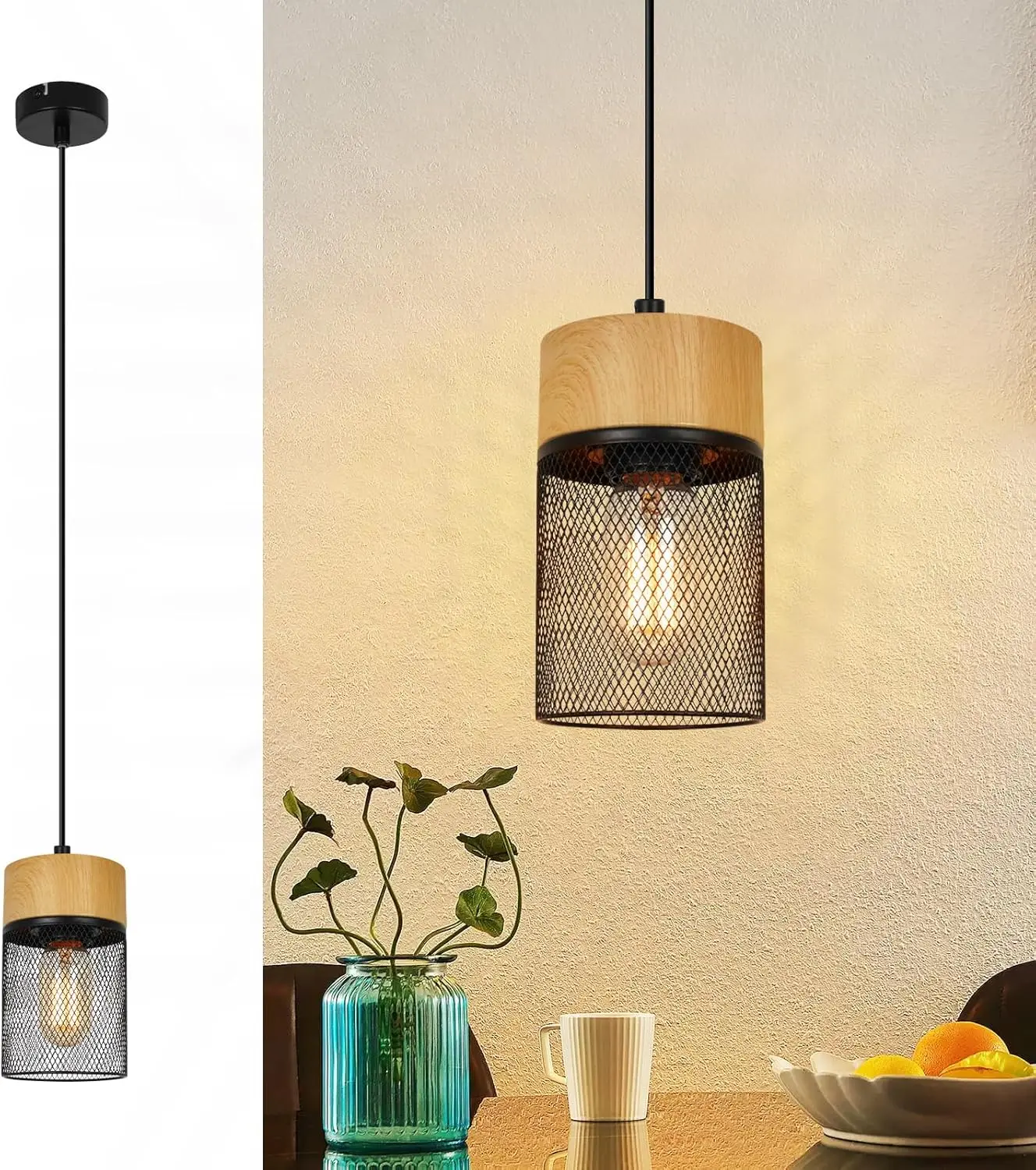 Lampe suspendue vintage pour table à manger : 1 lampe suspendue Flame en maille noire et grain de bois, lampe de salon, lampe de salle à manger, lampe industrielle avec support E27, MAX.40W, lampe de