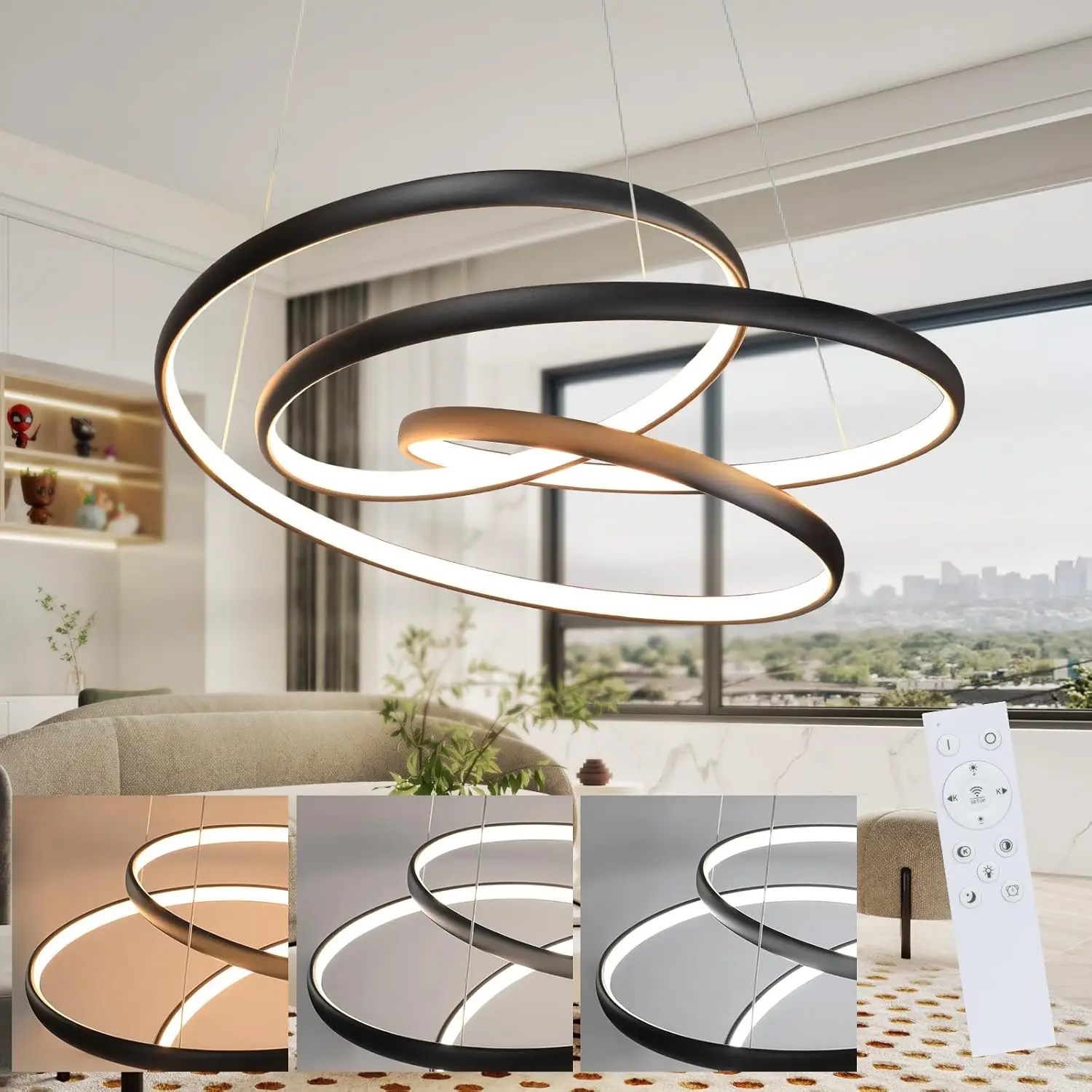 Lampe suspendue pour table à manger, lampe suspendue noire à LED pour salon, lampe suspendue pour table à manger, lampe suspendue à intensité variable, lampe de salle à manger de 50 cm, lampe