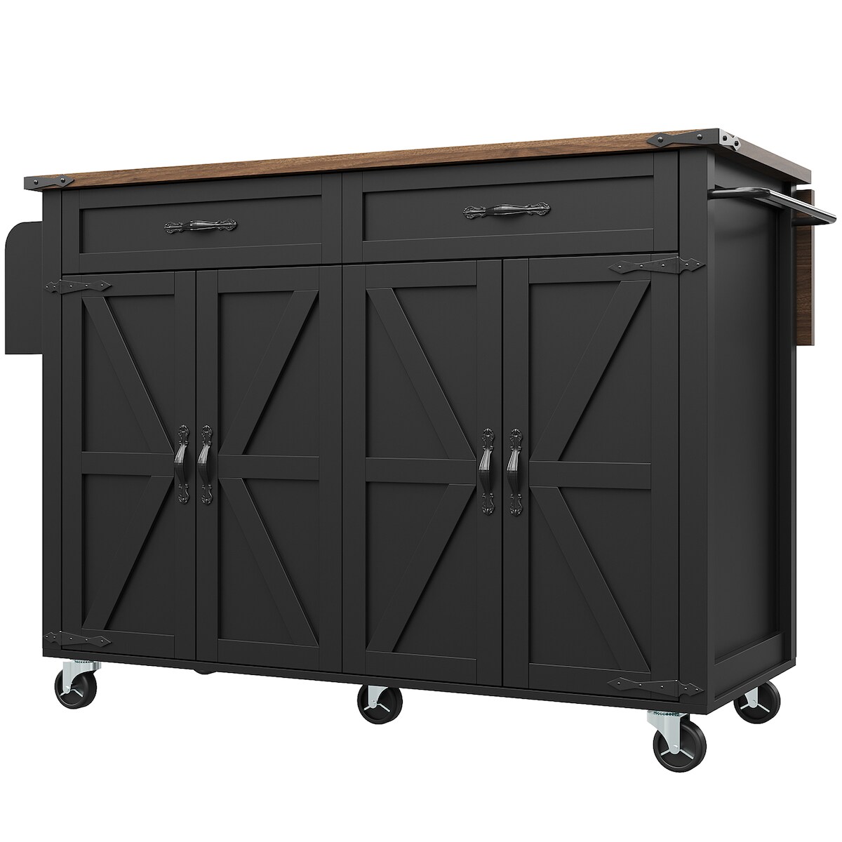 STILVORA Kücheninsel MDF Schwarz 140x45x93 cm mit Klappplatte und 5 Rollen Image