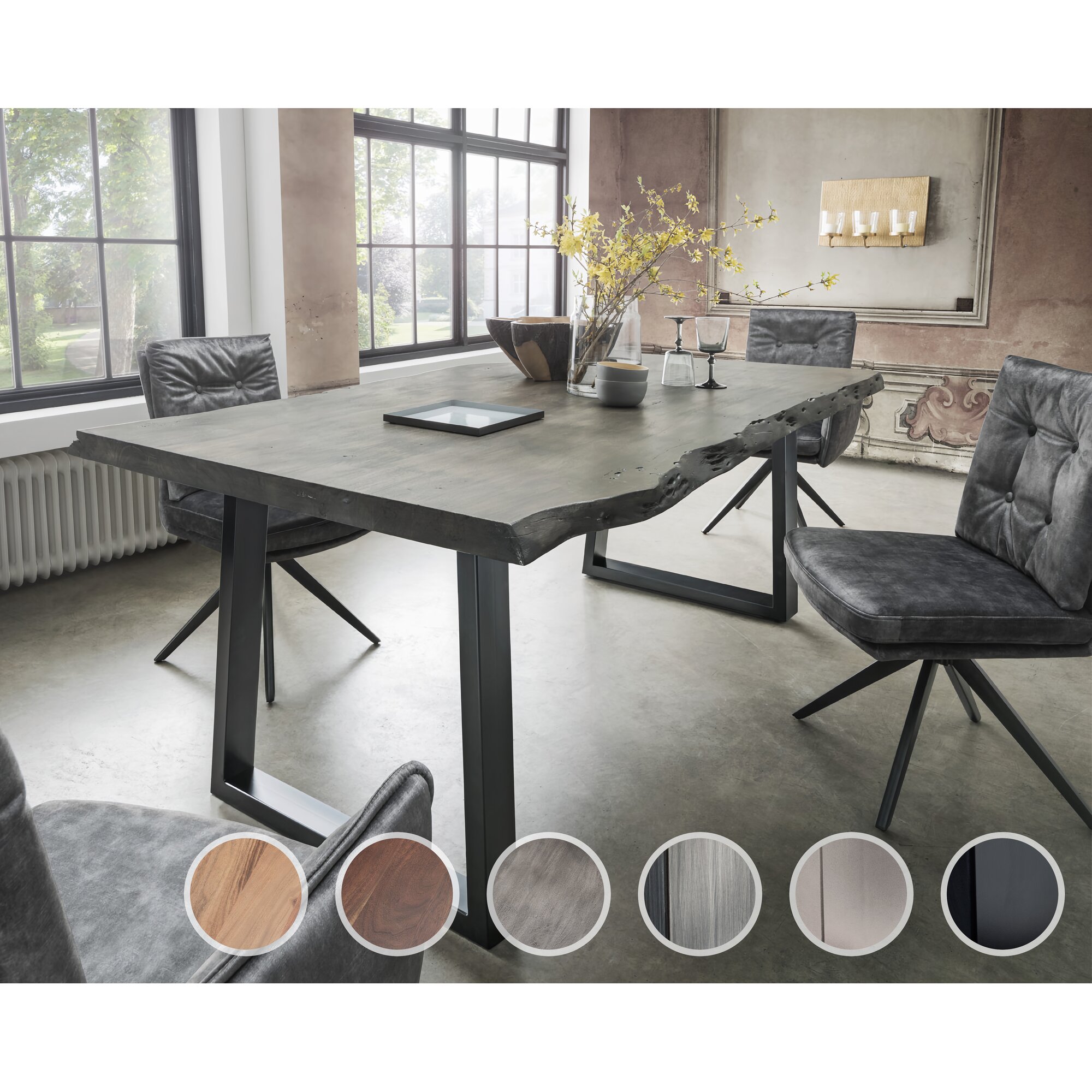 Massivholz »Thor« Akazie Baumkante-Tisch I 180x90 cm / 25mm / Akazie grau gesandstrahlt / Metall matt schwarz pulverbeschichtet