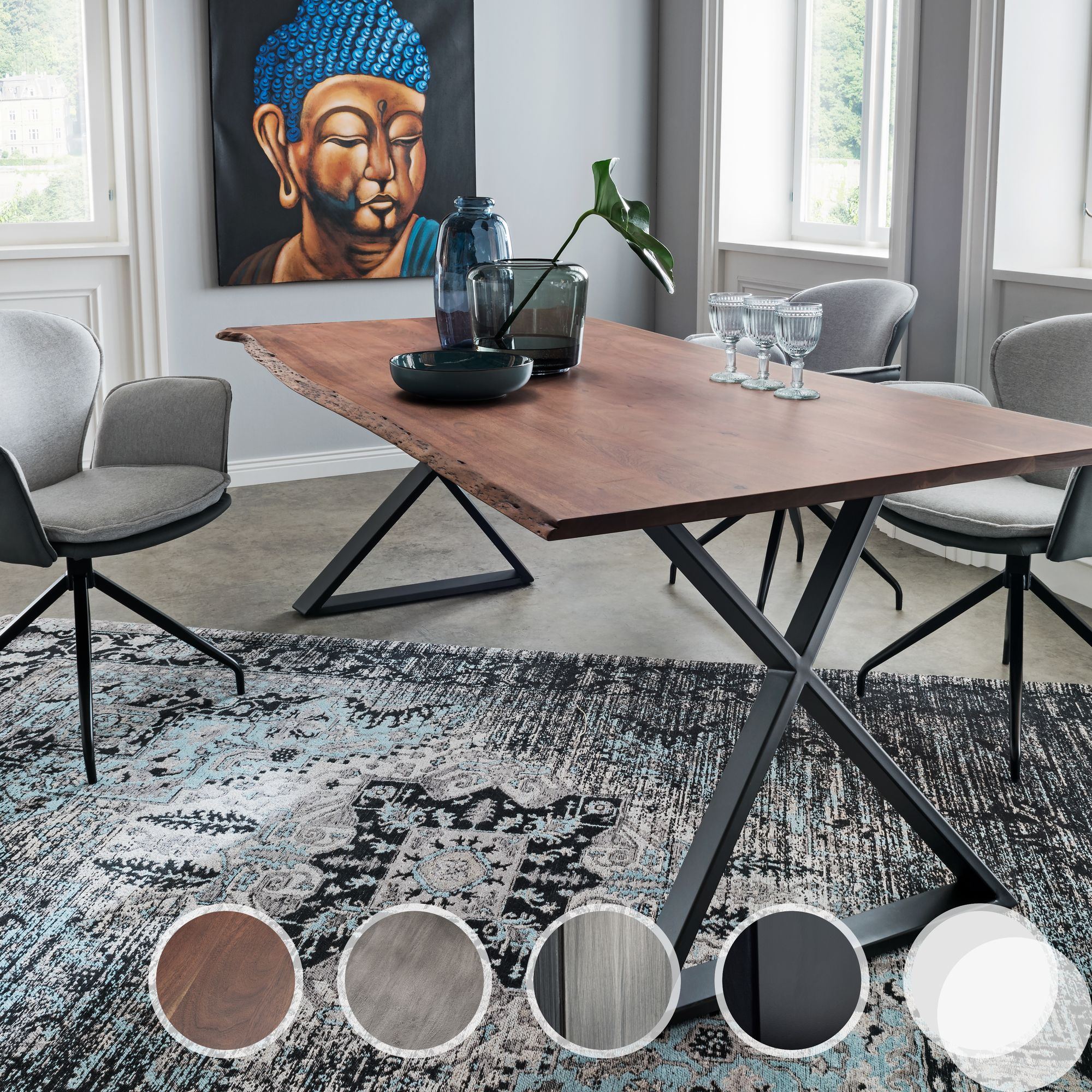 Massivholz »Thor« Akazie Baumkante-Tisch IV 180x90 cm / 25mm / Akazie grau gesandstrahlt / Metall vernickelt edelstahlfarbig gebürstet