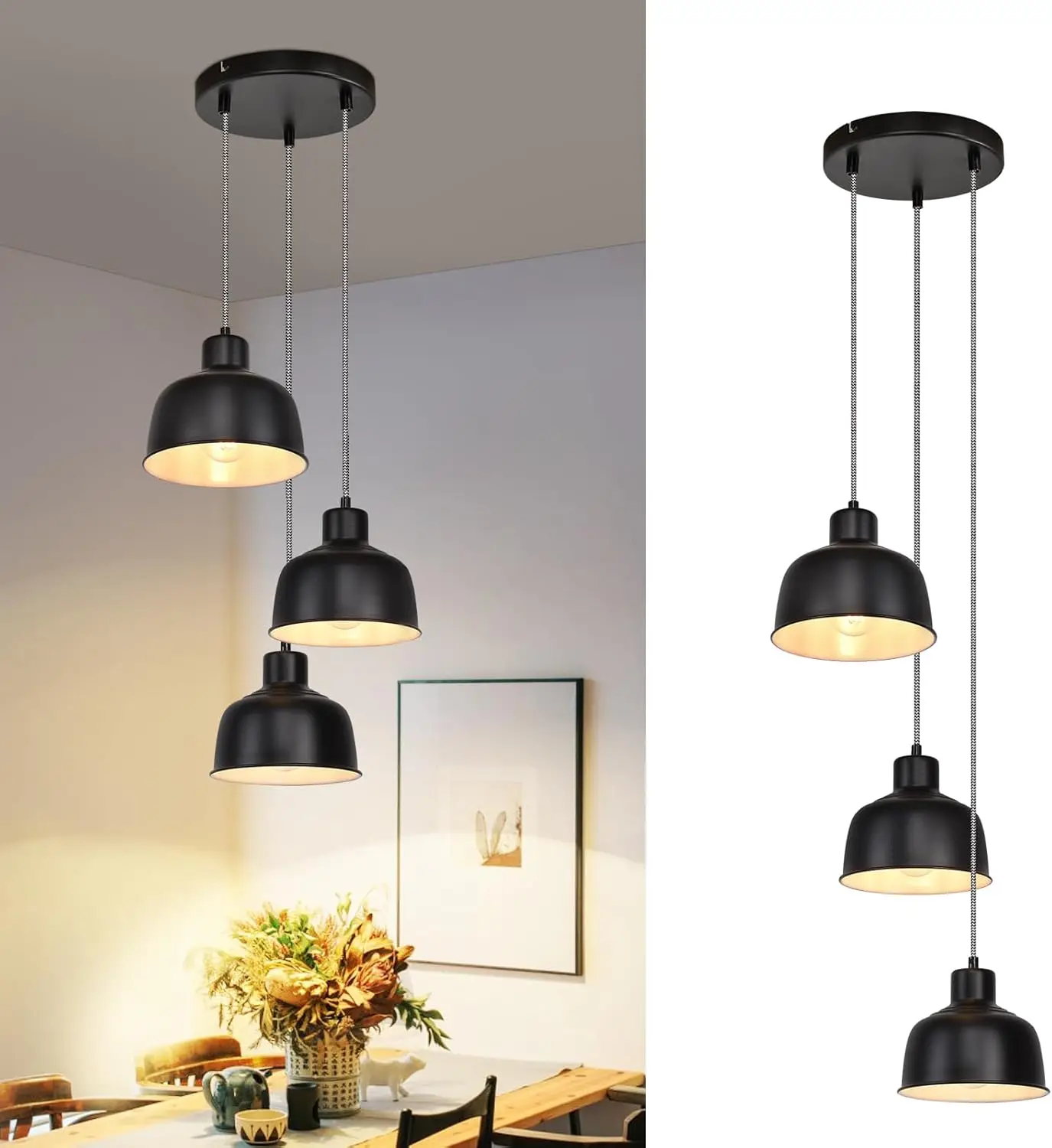 Lampe suspendue pour table à manger, lampe suspendue vintage industrielle, lampe de table à manger noire, lampe de cuisine rétro en métal E27, lampe suspendue à 3 flammes pour salle à manger, chambre,