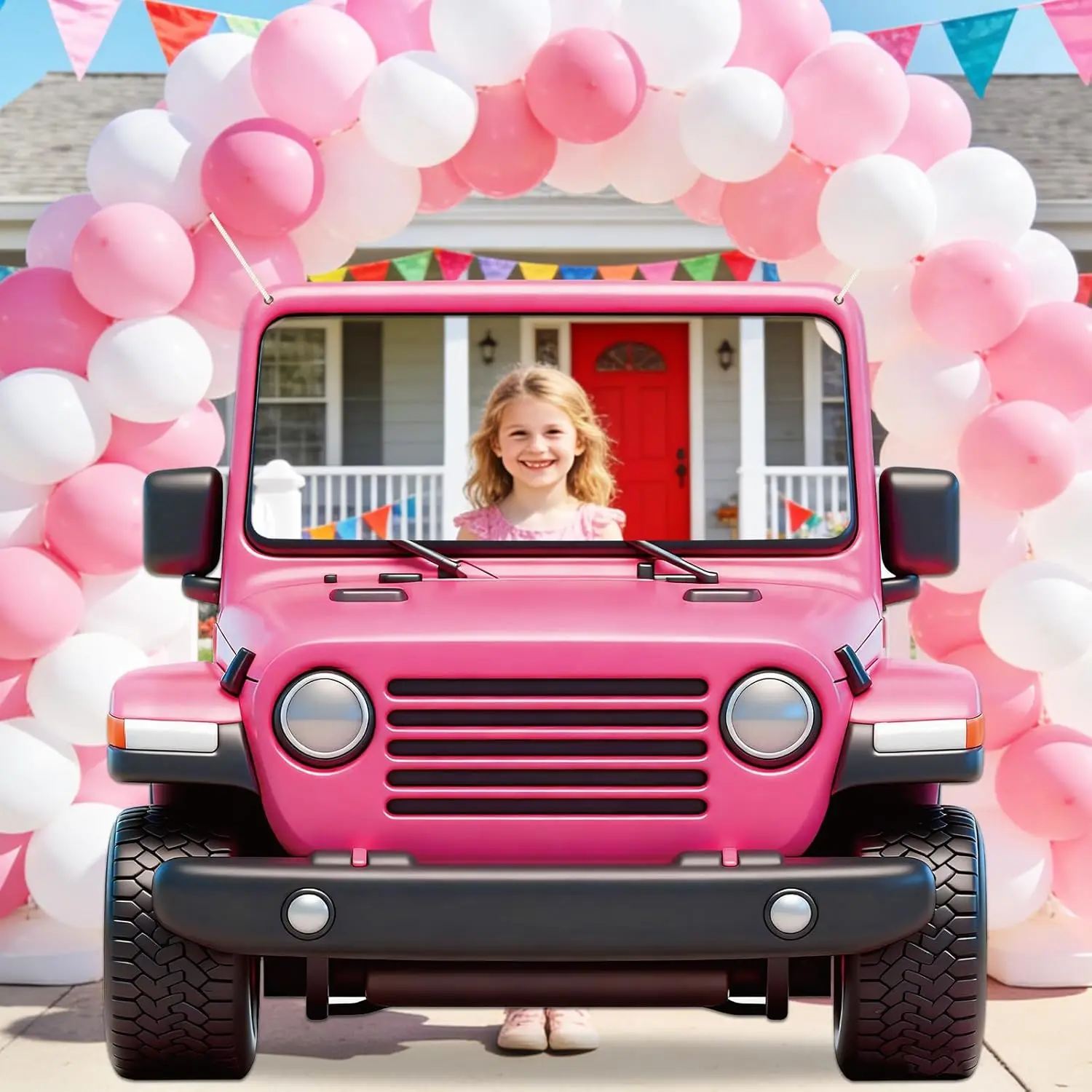 Rosa Jeep Fotobox-Requisiten-Banner, Rosa Auto-Fotohintergrund, Großer Autoförmiger Fotografie-Hintergrund, Deko-Truck-Themen-Party-Banner Image