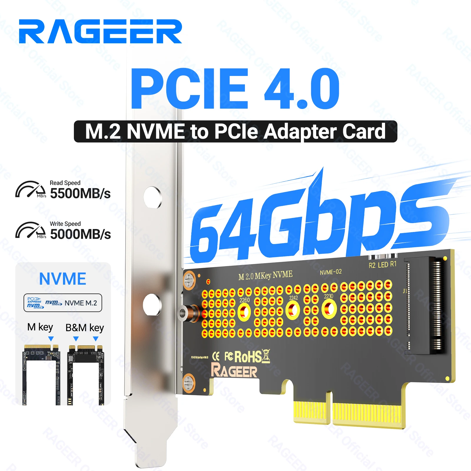 RAGEER M.2 NVMe SSD zu PCIe Erweiterungskarte für 2280/60/42/30 SSD, optionale X1/X4-Version, Adapterkarte mit Metallhalterung für PC Image