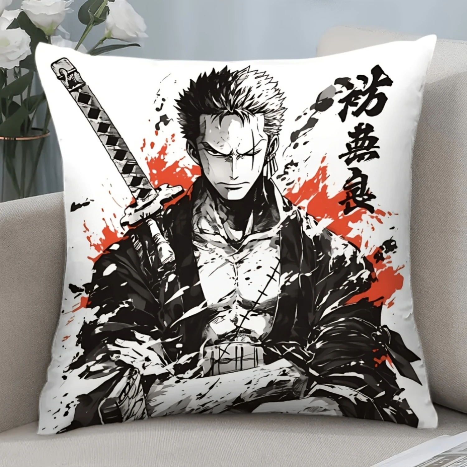 Beliebter klassischer Anime-Kissenbezug, One Piece Zoro Samurai Art bedruckt für Zuhause, Sofa, Wohnzimmer, Auto, Büro, Dekoration Image