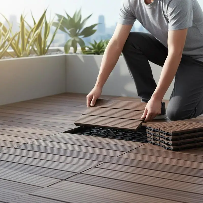 Ineinandergreifende Terrassendielen, 10er-Set, Wasserdichter Kunststoff-Holz-WPC-Bodenbelag, 300x300 mm, 9290 c ㎡ Ganzjährig nutzbar, für Terrasse, Pool, Balkon, Hinterhof