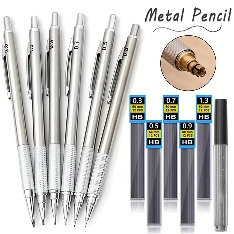 Vollmetall-Druckbleistift-Set 0,3mm 0,5mm 0,7mm 0,9mm 1,3mm 2,0mm HB Automatischer Bleistift für Kunstzeichnen, Schreiben und Skizzieren Image