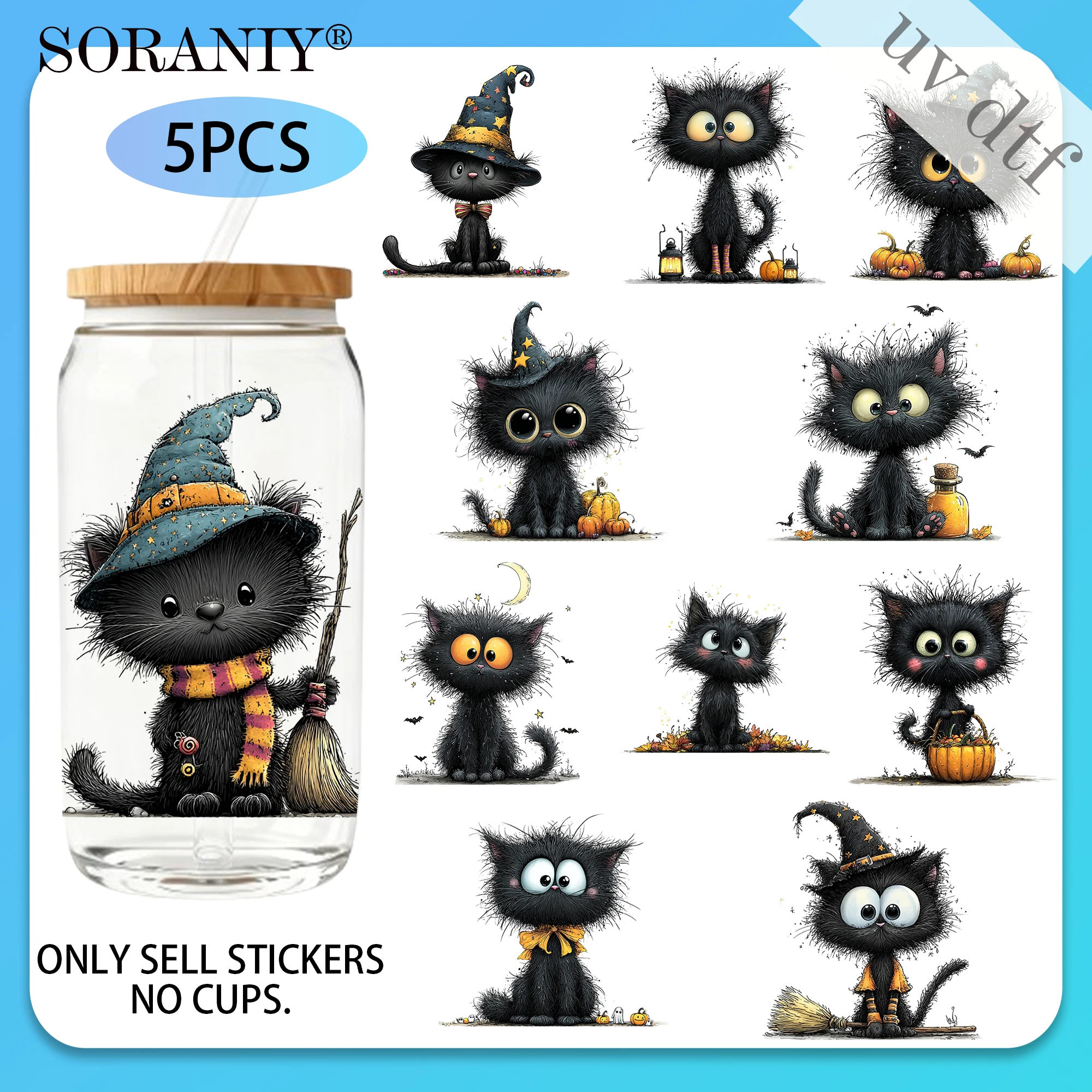 UV DTF 16OZ DIY-Transferaufkleber - 5 Stück/Set Halloween Schwarze Katze Camping-Lebensstil-Thema Image