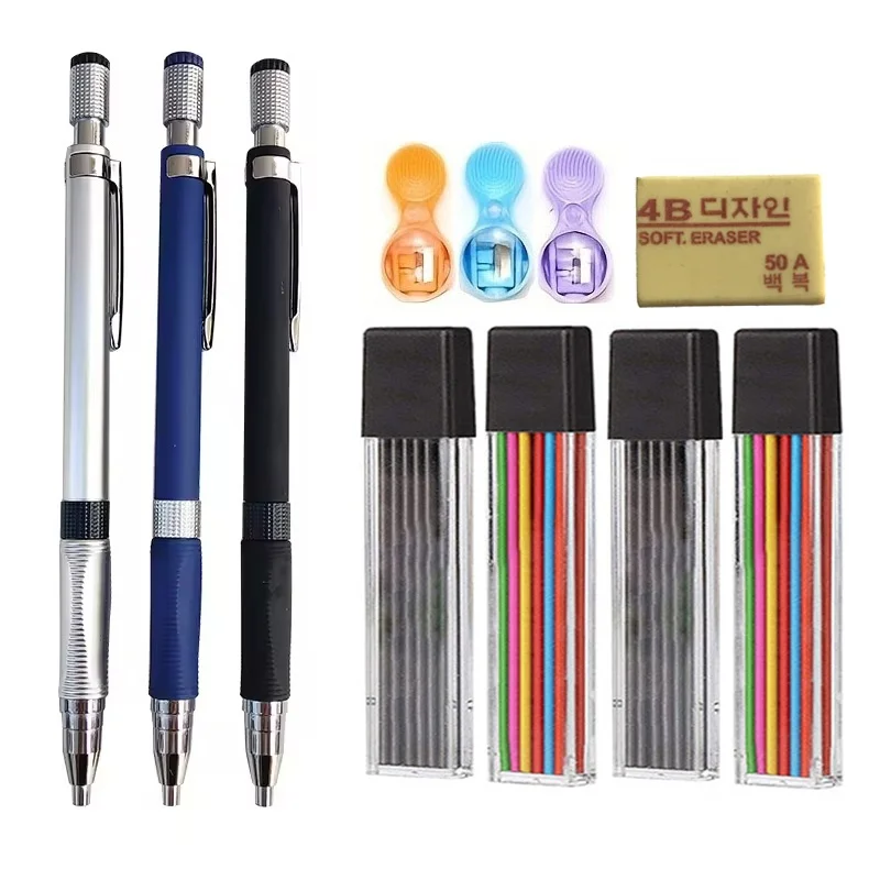 2,0-mm-Druckbleistift mit schwarzer/farbiger Minenmine, Radiergummi, Skizzieren, Kunst, Zeichnen, Schreiben, Werkzeug für Schule, Büro, Schreibwaren-Set Image