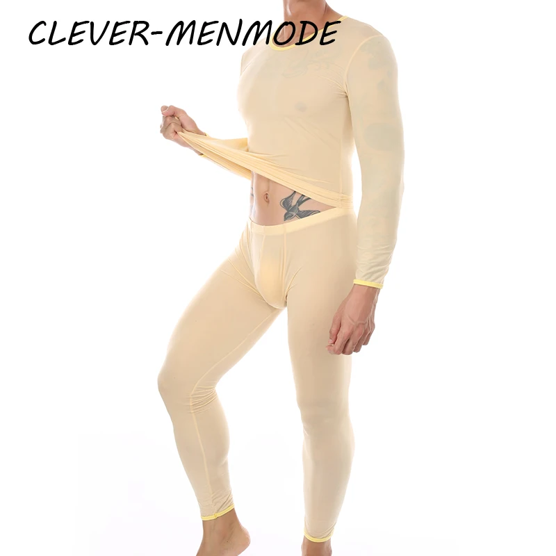 Herren Sexy Transparente Unterwäsche Arrangement Transparent Ultradünn Nahtlos Warm Long Johns Eis Seide Bequemes langes Pyjama-Set Image