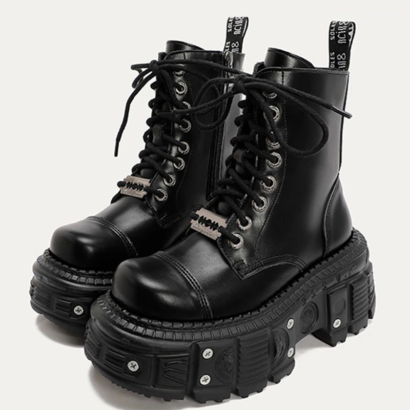 Damen-Punk-Stiefel, Plattform, personalisiertes Design, Schuhe, Leder, coole Stiefel, Retro, klobig, hochwertige Schnürung, lässige Outdoor-Schuhe, Größe 42