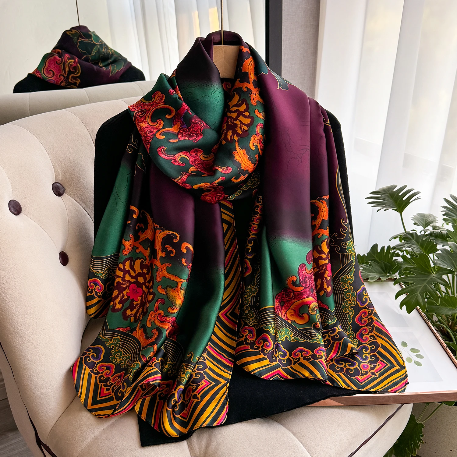 Neueste Frühling Hohe Qualität Weiche Seide Schal Frauen Damen Elegante Print Schal Mode Schal Strand sonnenschutz Designer Schal Image