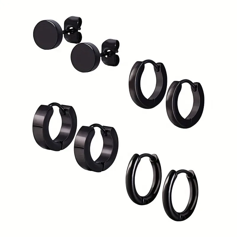 Stilvolles 4-Paar-Ohrring-Set für Herren – Ohrstecker und Creolen aus schwarzem Edelstahl, langlebig, vielseitig und allergiefrei Image