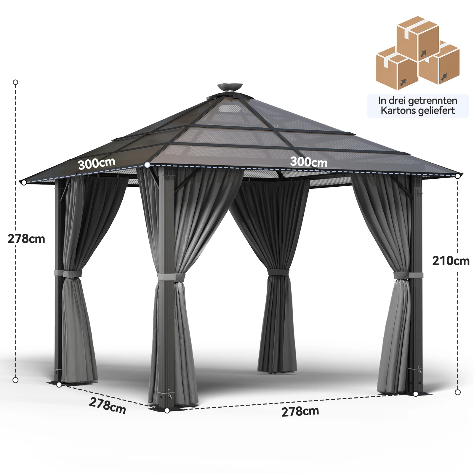 Pavillon de jardin en aluminium 3x3 m avec éclairage LED, toit en polycarbonate, tente de jardin robuste avec rideaux, pavillon de patio résistant aux UV et aux intempéries, adapté au jardin ou à la