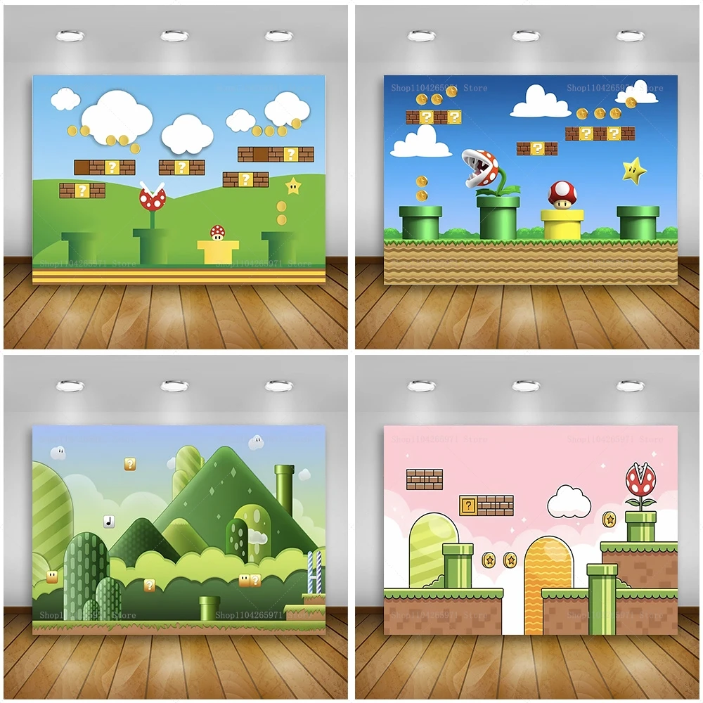 Game Super Brother Mushroom Coin Happy Birthday Hintergrund Cartoon Green Mountain Kinderparty Fotografie Vinyl Banner Image