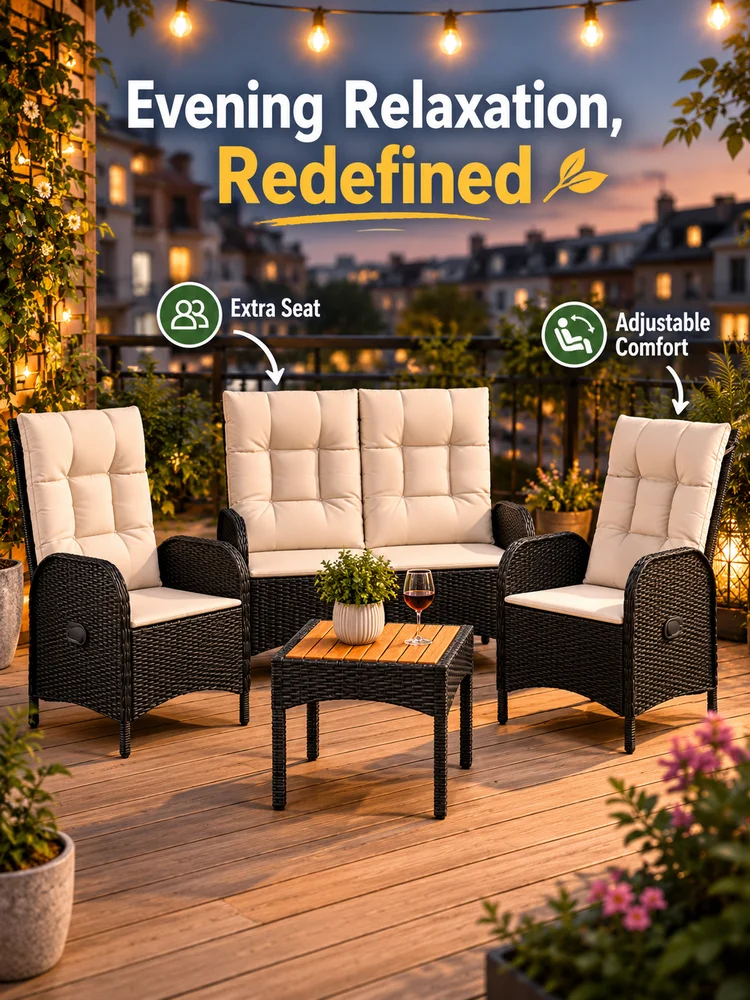 4-teiliges Garten-Essgruppen-Set mit Kissen, schwarzes Polyrattan, Esstisch und Stühle für den Außenbereich, für Terrasse, Balkon, Garten, Entspannung